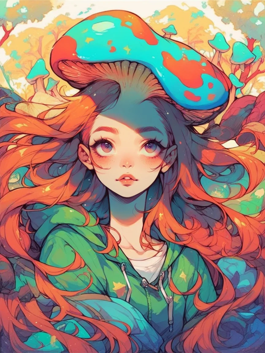 score_9, score_8_up, score_7_up, score_6_up,  mushg4l, 1girl, colourful, trippy, mushroom on head, long hair, ginger hair <lora:mushg4lXLP:0.8>