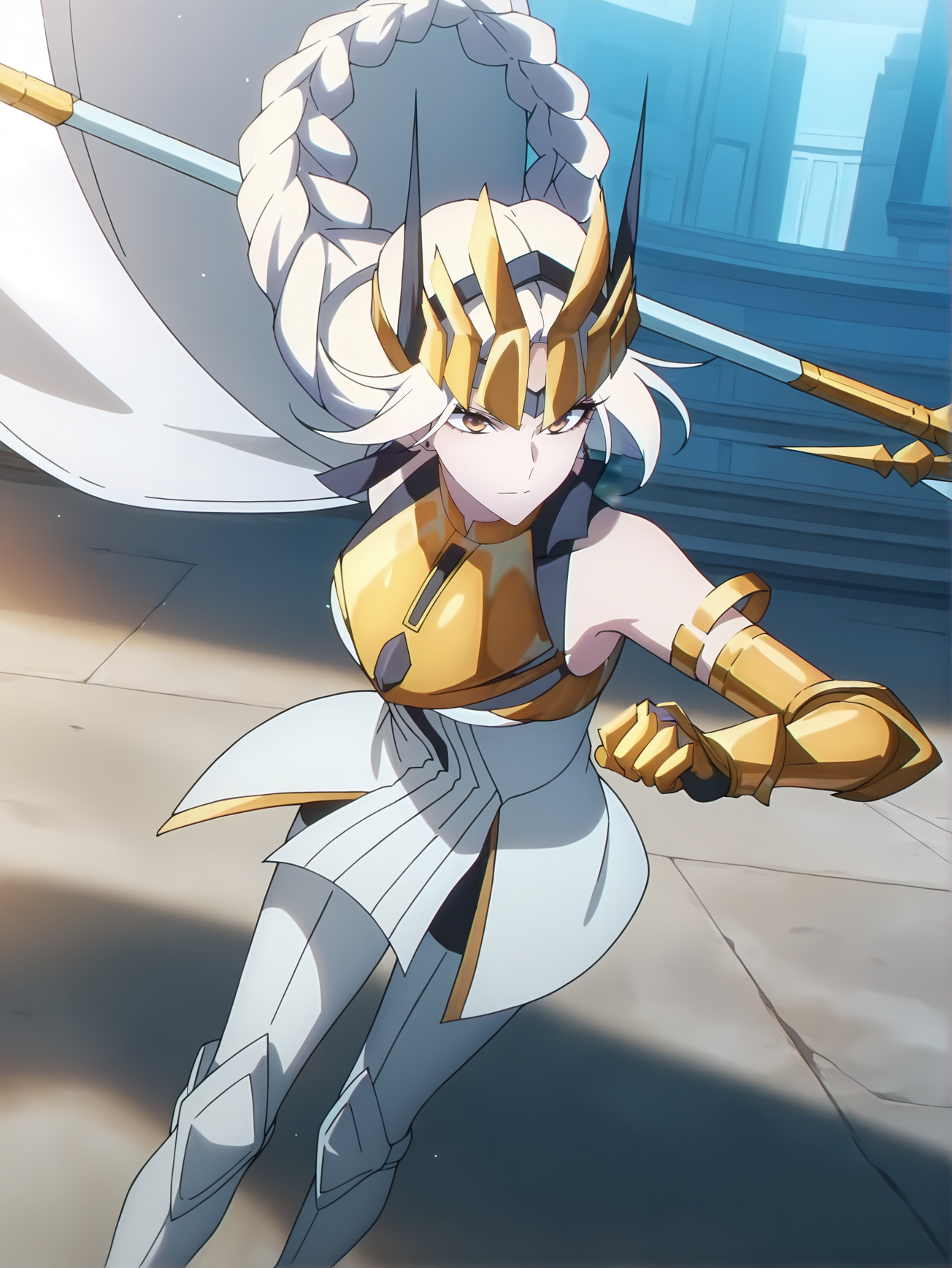 <lora:Queen:0.8>queen, 1girl, solo, white long braided hair, yellow eyes, black hanafuda earrings, gold crown, white dress, gold armor, bare shoulders, gold armored arms, armored gloves, white thigh boots, white cape, dynamic pose, holding spear, fantasy arena