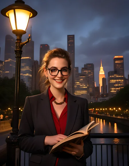 In a bustling urban park under the warm, golden glow of setting sun rays filtering through towering skyscrapers, EMM4S, a woman with a confident and intelligent air, wears a chic, tailored charcoal suit complemented by a bold red blouse and a statement necklace. Her black-framed glasses perched on the bridge of her nose, she gazes directly at the viewer with a captivating smile, her pearly whites shining brightly against the dusky backdrop. With one hand casually resting on her hip and the other holding an open book, she exudes an aura of intellectual curiosity and approachability amidst the vibrant cityscape. Behind her, the silhouette of a vintage streetlight casts a long, dramatic shadow, adding depth and visual interest to the portrait.