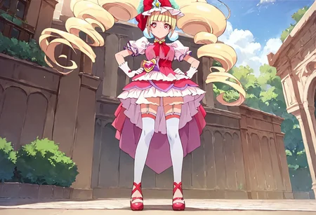 curemacherie, high heels, garter straps, thighhighs, outside, score_9, score_8_up, score_7_up, ,source_anime, best quality, masterpiece, , full body view ,collarbone , 1girl , solo , girl focus , censored, standing, medium breasts, score_9, score_8_up, score_7_up, ,source_anime, best quality, masterpiece, , garter straps , 1girl , solo , girl focus,, full body view, facing viewer, hands on hips, low angle view, from below,