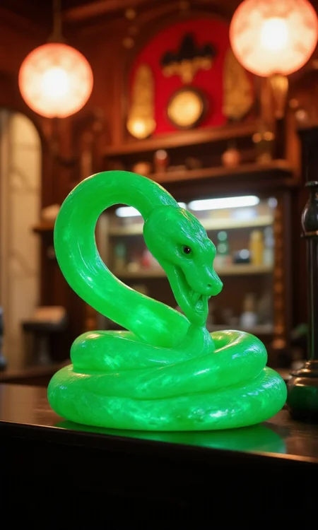 jade_snake, shebaaobao, neouv, cartoon snake made out of glowing illuminated iridescent jade ready to bite somebody on the counter of a pawn shop in New York City <lora:jadesnakeflux-000001.safetensors:1.0> <lora:shebaobao_flux_snake_Cartoon_v2.safetensors:0.3> <lora:neouv_flux_03.safetensors:1.0>