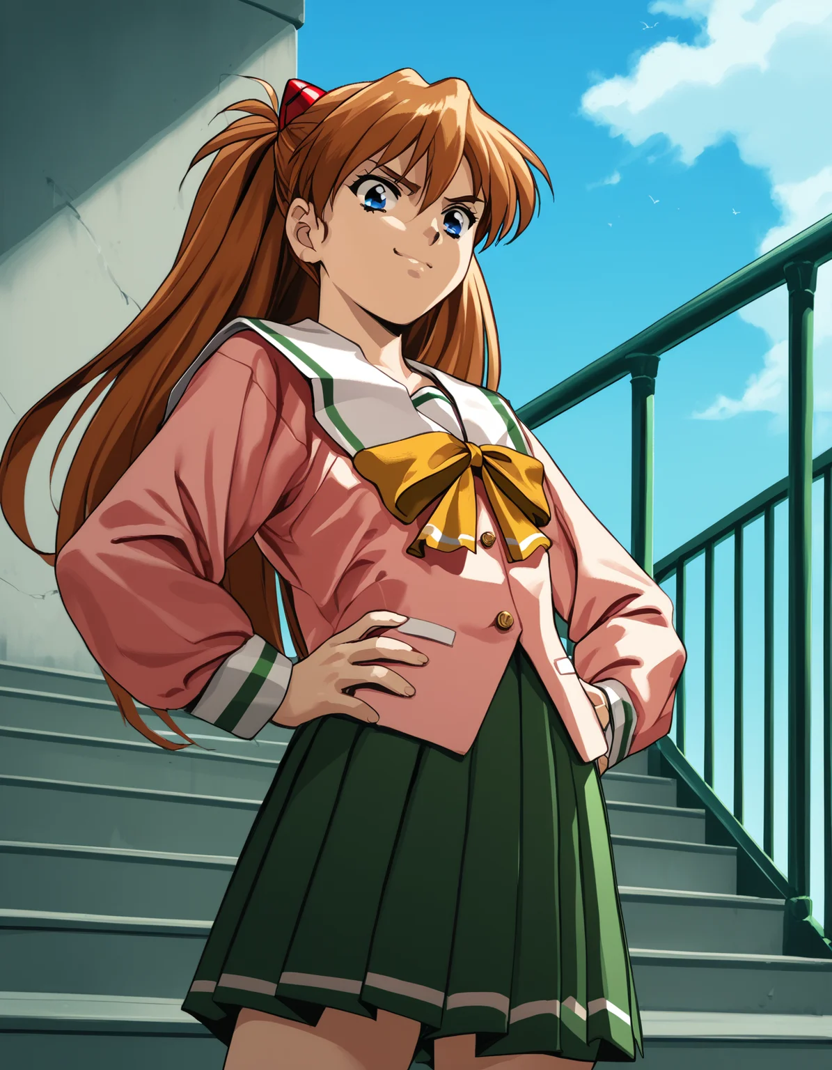 score_9, score_8_up, score_7_up, <lora:shuusaku-v2-ponyxl-000016:0.9> souryuu asuka langley, serafuku, pink shirt, pleated skirt, green skirt,
1girl, solo, stairs, from below, hands on own hips, smirk, looking down, blue sky