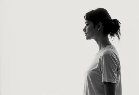 an aesthetic, minimalist depiction of a female profile in side view. she wears a t-shirt. The focus is on the soft contours and calm, monochromatic tones. The scene feels mystical and dreamy, almost as if viewed through a delicate mist, with gentle light accentuating the silhouette. The background is diffuse and creamy white, drawing attention to the elegant simplicity of the figure.
