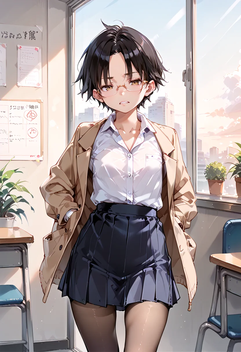 score_9,score_8_up,score_7_up,score_6_up,score_5_up, (anime_screencap, source anime:0),
1woman, solo, forehead, tomboy, teacher, black hair, glasses
small chest, (sagging breasts:0.6),
frown, teeth, tired, thighs,
hands behind her back,
light brown suit, jacket, pantyhose, collared shirt, open shirt, suit skirt,
nsfw,
wall, sunset,
<lora:OhigetanP:0.4> <lora:hikage_eiji:0.5> <lora:raita_xl:0.3>