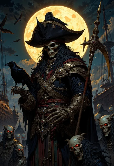 A gnarly pirate with a creepy skull face, decked out in tattered, dark threads and a massive hat, stands with a scythe. He's surrounded by ghostly, zombie-like figures and a raven chilling on his shoulder. The scene's lit by a creepy, glowing full moon, with a ship's rigging and birds flying in the background. The vibe is dark, eerie, and totally fantasy-like.
