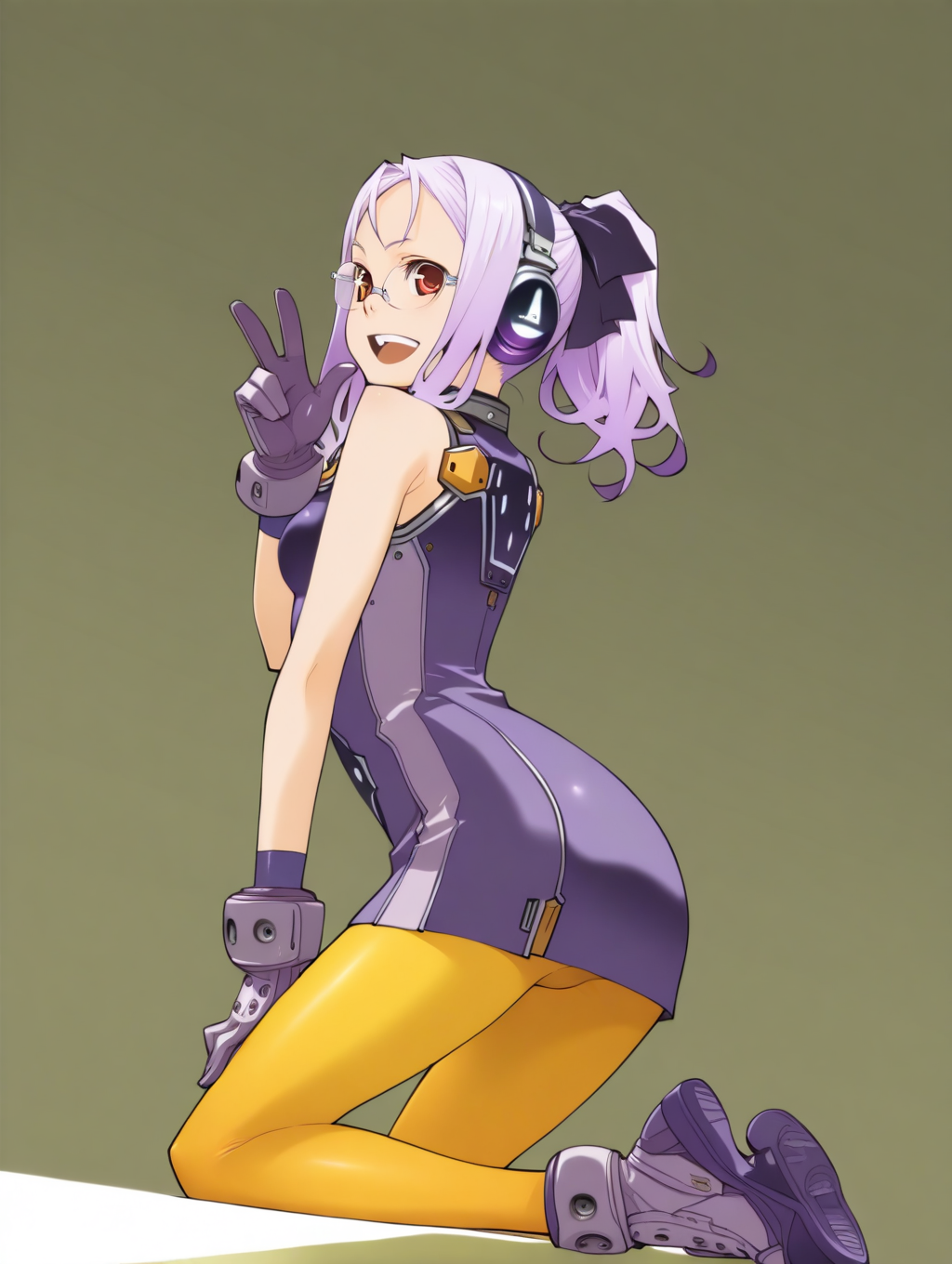 perfect quality,best quality,absolutely eye-catching,ambient occlusion,raytracing BREAK
1girl,<lora:SO4weruti IL v1.1:1>,SO4weruti,purple hair,ponytail,headphones,ribbon,glasses,red eyes,purple dress,sleeveless,gloves,yellow pantyhose,shoes,solo,, sideways,wide_shot,kneeling,w,trefoil,sitting,
