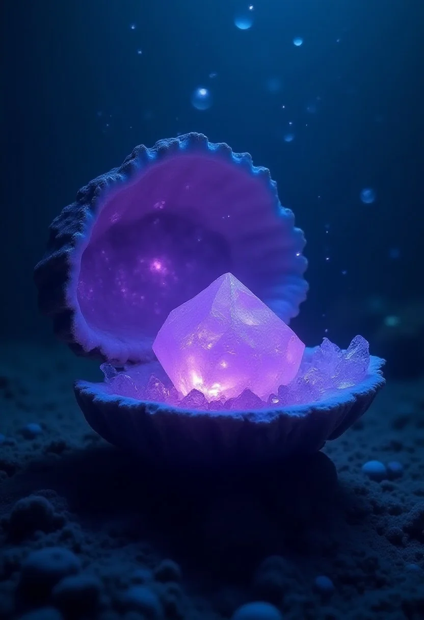 A dark purple magical crystal laying at the bottom of the ocean on a open giant clam, pulsating with magic energy, an iridescent pearl clearly visible within the crystal , magic glow, illuminated, masterpiece, highly detailed, graphic, raw