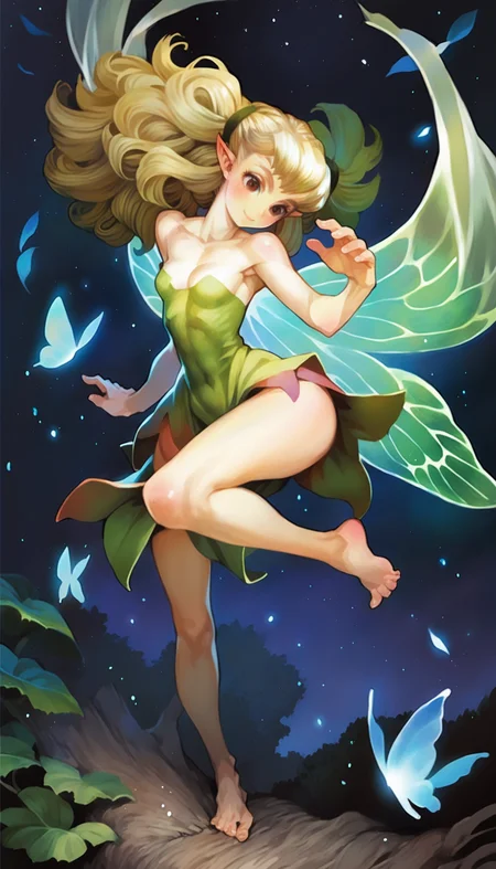score_9,score_8_up,score_7_up,
<lora:vanillawareStyle:1>,
tiki,dragon's crown,1girl,wings,solo,fairy,blonde hair,pointy ears,barefoot,dress,smile,breasts,cleavage,bare shoulders,full body,
night,light particles,
