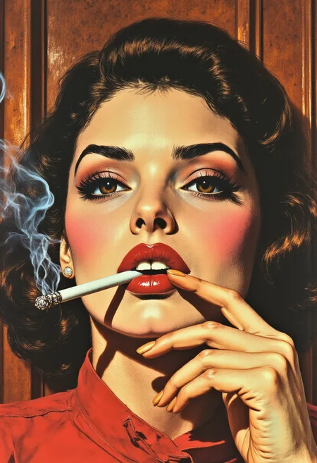 A dramatic close-up portrait of a sophisticated woman in the style of a 1950s tobacco advertisement, shot with warm sepia tones and subtle vignetting around the edges. Her face occupies most of the frame, featuring bold vintage makeup with perfectly arched eyebrows, dramatic winged eyeliner, and rich cherry-red lips carefully applied in the classic cupid's bow shape. Her hair is styled in elegant finger waves or victory rolls, glossy and immaculate. She gazes directly at the viewer with a knowing, confident expression - simultaneously alluring and authoritative. Delicate wisps of tobacco smoke curl artfully around her features, creating graceful arabesques that frame her face. The lighting is classic Hollywood glamour - soft yet dramatically highlighting her cheekbones and the elegant line of her neck. Between her manicured fingers, she holds a cigarette with casual elegance, poised near her lips but not quite touching them. Her jewelry is understated but expensive-looking - perhaps pearl earrings or a simple diamond. The background suggests a sophisticated setting - perhaps the rich wood paneling of an exclusive club or the velvet drapery of a high-end establishment. The composition evokes the glamorous mystique of smoking from an era before health concerns, when tobacco was associated with sophistication, independence, and allure. 80s vintage pulp sci-fi magazine cover,