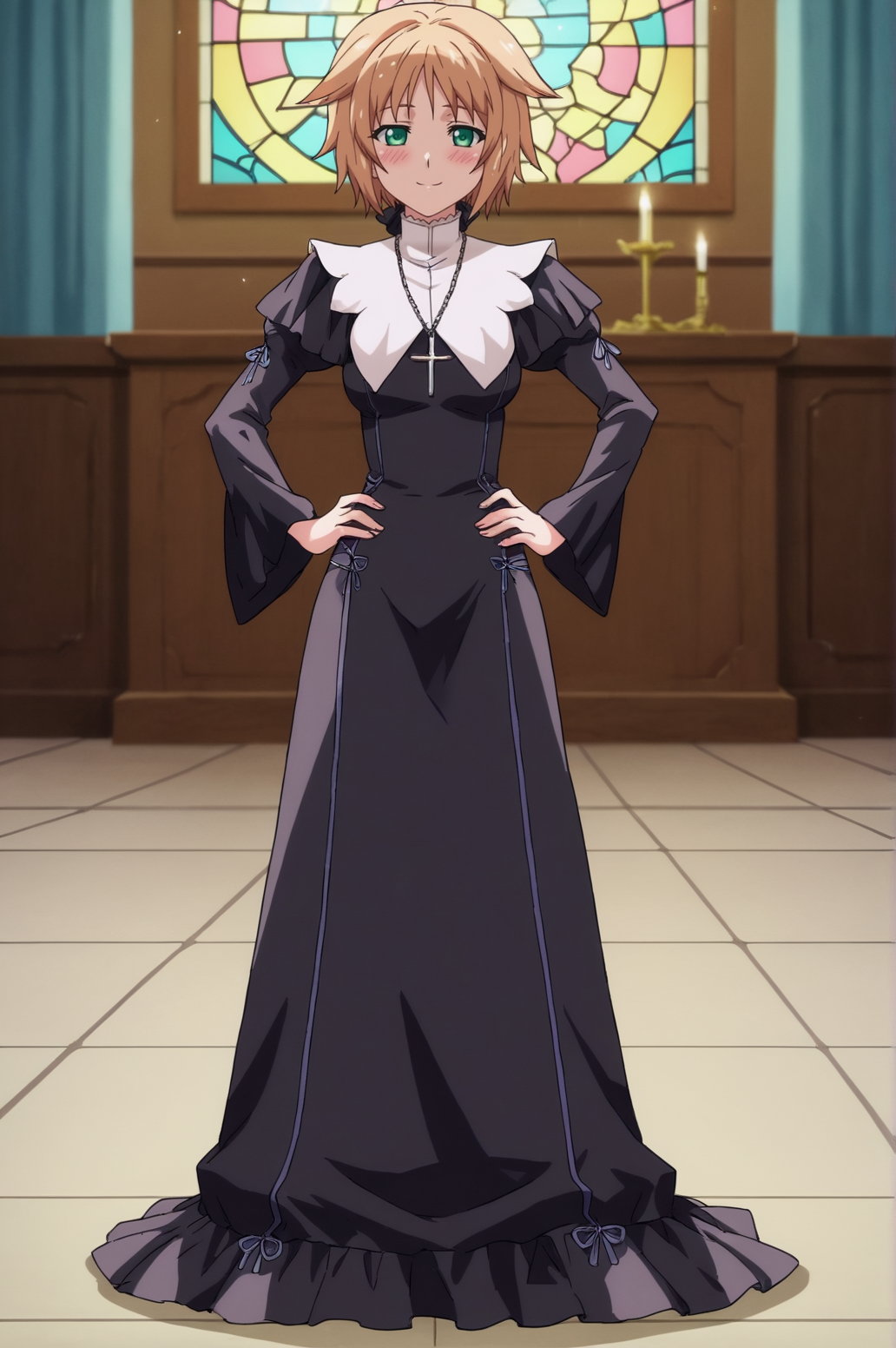 score_9, score_8_up, score_7_up,anime_source, source_anime, best background, detailed background, anime screencap,  Teresa, 1girl, solo, traditional nun, dress, black thighhighs, long sleeves,  seductive body, blush, light smile, full body, hands on hips,  indoors,  <lora:JN_Teresa_Beria:0.8>
