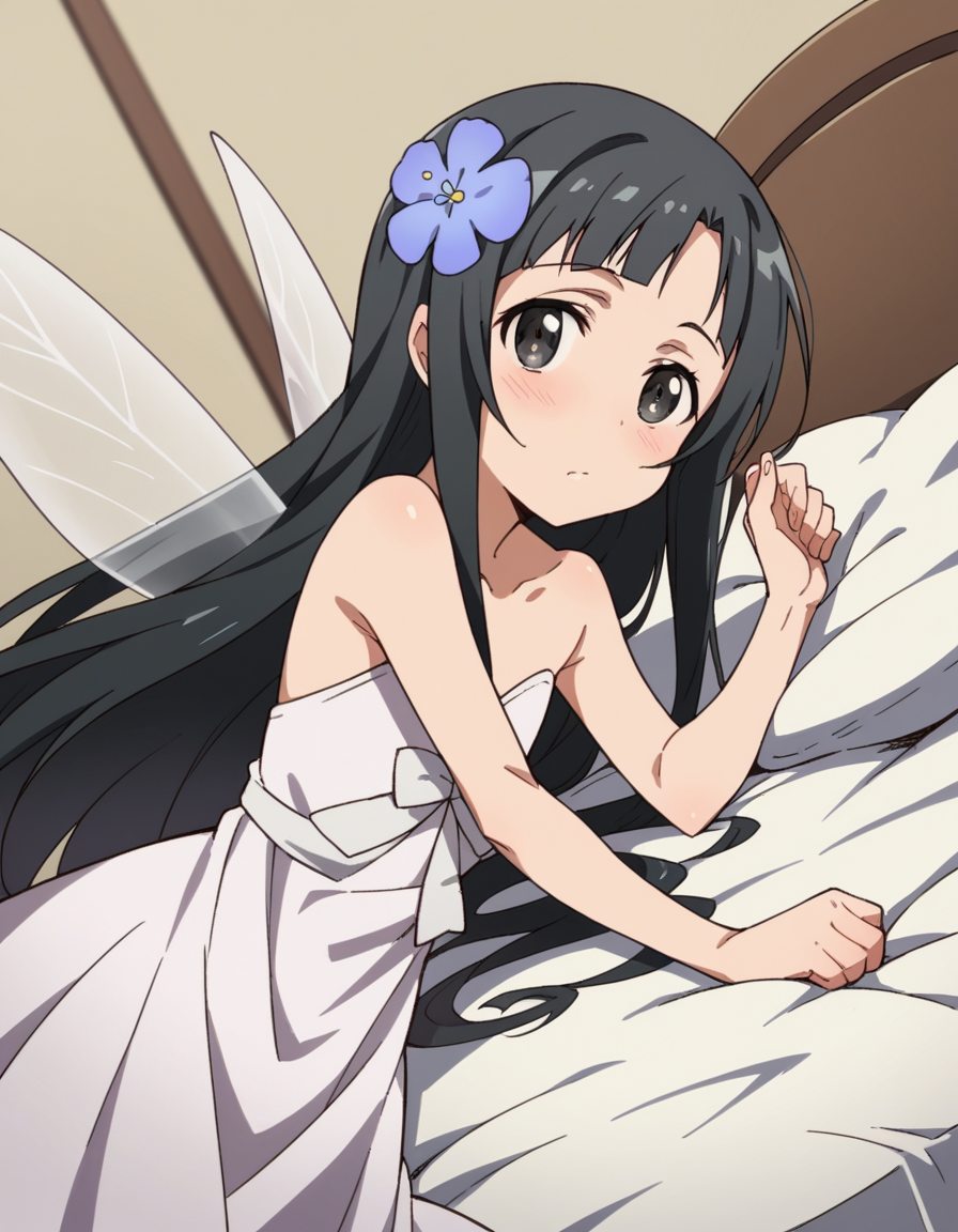 score_9, score_8_up, score_7_up, source_anime,
saoyui, <lora:sao-yui-s1-alo-ponyxl-lora-nochekaiser:0.8>,
yui, long hair, bangs, black hair, hair ornament, very long hair, flower, hair flower, black eyes,
dress, bare shoulders, collarbone, wings, fairy wings, fairy,
indoors, bed, bed room, on side, blush, drunk,
cowboy shot, looking at viewer, solo, dutch angle,