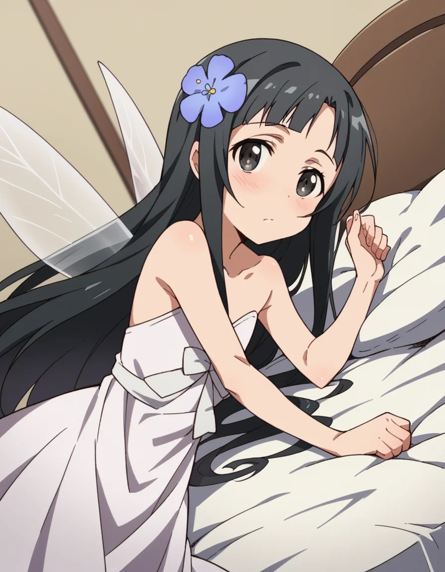 score_9, score_8_up, score_7_up, source_anime,
saoyui, <lora:sao-yui-s1-alo-ponyxl-lora-nochekaiser:0.8>,
yui, long hair, bangs, black hair, hair ornament, very long hair, flower, hair flower, black eyes,
dress, bare shoulders, collarbone, wings, fairy wings, fairy,
indoors, bed, bed room, on side, blush, drunk,
cowboy shot, looking at viewer, solo, dutch angle,