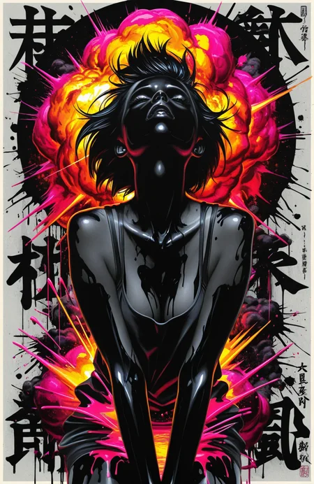 masterpiece,best quality,high quality,absurdres,very aesthetic,8k.,
1girl,<lora:Graphic_Violence:0.8>,graphic violence style, ink explosion, kanji backdrop, violent motion, poster ink art, neo-japanese