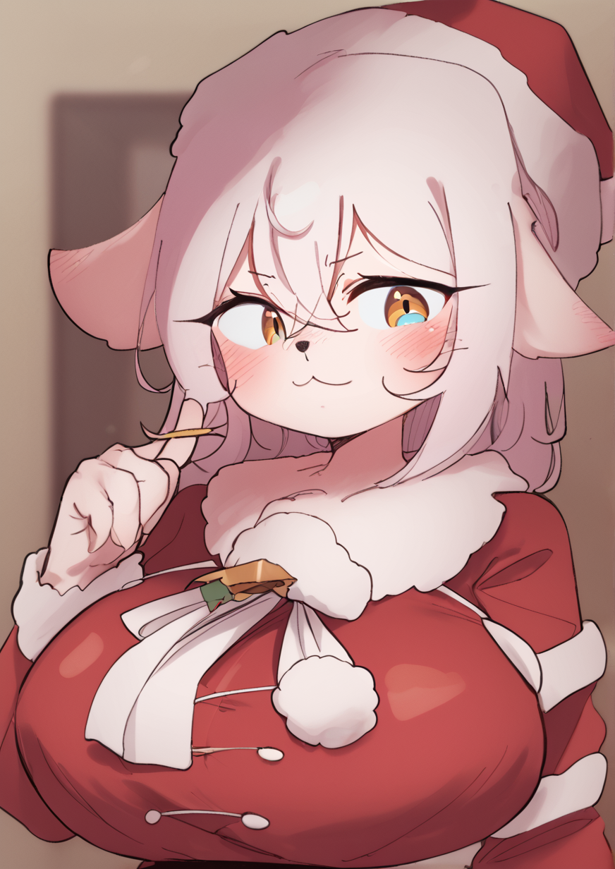 1girl, huge breast, furry female, furry, blush, closed mouth, dress, fur-trimmed headwear, fur-trimmed sleeves, fur trim, hair between eyes, hand up, hat, long sleeves, looking to the side, santa costume, santa hat, signature, solo, upper body,<lora:xesii:1>