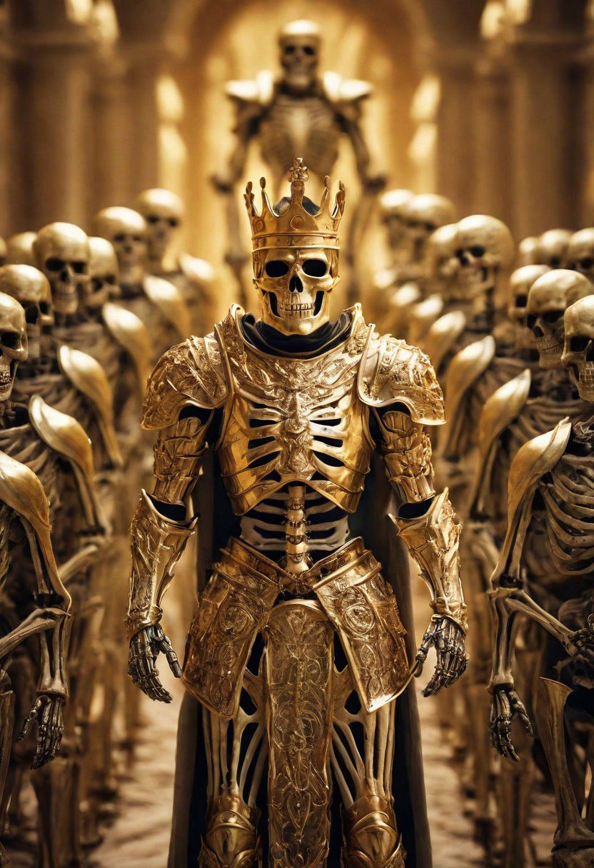 skeleton king in golden armor with skeleton army behind him, full color, cinematic light, dynamic composition, dramatic atmosphere, elegant, highly detailed, extremely scientific, sharp focus, inspired, colorful, artistic, fine detail, epic, stunning, perfect, surreal, beautiful, intricate, amazing, symmetry, illuminated background, professional, winning, best, pure, ambient, creative