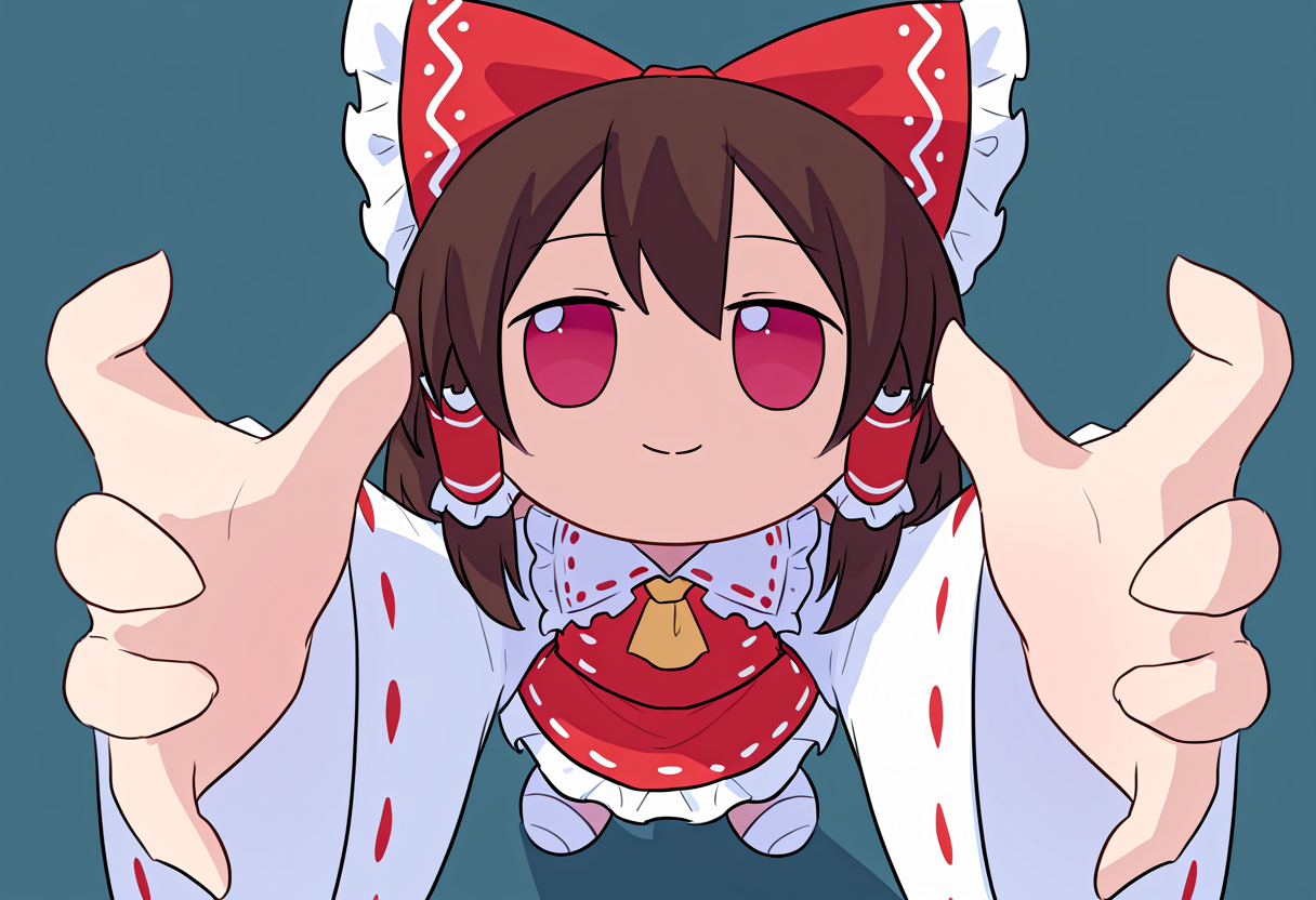 masterpiece, best quality, absurdres, let me hold it, fumo (doll), 1girl, hakurei reimu, solo, looking at viewer, looking up, smile, closed mouth, simple background, open hands, <lora:your_milkers_look_heavy_maam_let_me_hold_them_meme:1>