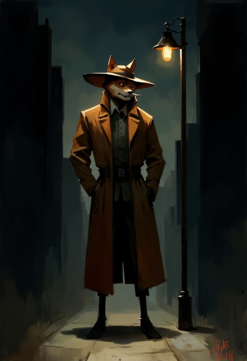 painting illustration of a shiba inu detective in a trenchcoat standing against a streetlight in a dark alley. He is wearing a long trenchcoat and lighting up a cigarette. His face half concealed by his large hat. The streetlights glow illuminates him, casting a shadow on the street. The atmosphere is dark and eerie.