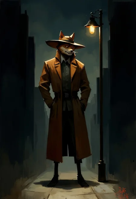 painting illustration of a shiba inu detective in a trenchcoat standing against a streetlight in a dark alley. He is wearing a long trenchcoat and lighting up a cigarette. His face half concealed by his large hat. The streetlights glow illuminates him, casting a shadow on the street. The atmosphere is dark and eerie.