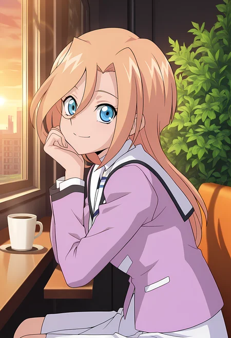 masterpiece,best quality,amazing quality,
solo, face focus,
Mikuru Shindou (Cardfight Vanguard), long hair, blonde hair, hair between eyes, blue eyes,
school uniform, white sailor collar, shirt, jacket, long sleeves, jacket, white skirt,
Looking at viewer, big smile, from side,
cinematic, upper body, coffee,
Sit, sitting, glass, sci-fi city, cafe, greenery,
afternoon, sunset,
Lens flare, bloom, detailed shadow,
Official style, anime screencap, anime coloring,
