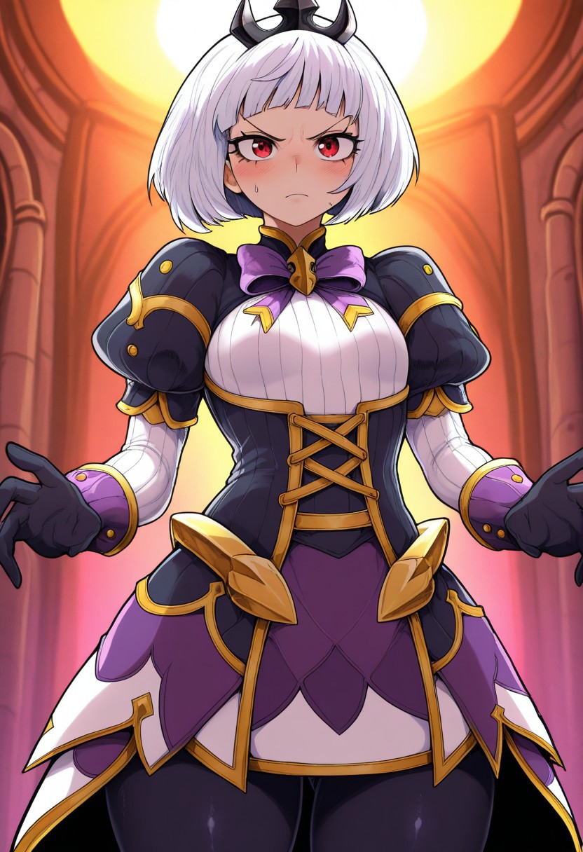 side_light,4k,(masterpiece:1.4),(best quality:1.4),(high resolution:1.4),Ultra HD, HDR,(hyperdetailed),smooth lighting,source_anime,very aesthetic,intricate details,intense,highres,vibrant colors,detailed_shadows,detailed_reflections,high-quality textures,good shading,studio quality,epic lighting,digital illustration,show accurate proportions,long eyelashes,thick eyelashes,perfect hands,perfection,5 fingers,perfectly detailed fingers",""manga eyes,perfect eyes,detailed eyes,beautiful lighting,detailed eyes,perfect eyes,long eyelashes,thick eyelashes,long eyelashes,shiny skin, perfect beautiful face, cute,Big eyes,mature,adult female,18 years old,
Kjorp, bob cut, blunt bangs, red eyes, white hair, puffy short sleeves, tiara, purple bowtie, black corset, sleeve cuffs, white sleeves, black gloves, short over long sleeves, black leggings, high belt, showgirl skirt,  purple skirt, white skirt, black skirt, ribbed shirt, gold trim, multicolored skirt,
,angry,blush,sweaty, yotsumi_shiro style,
,small breast,,
blush,on dark castle,