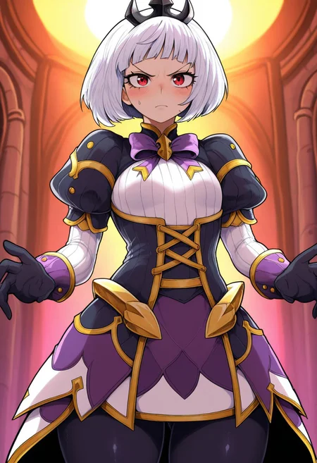 side_light,4k,(masterpiece:1.4),(best quality:1.4),(high resolution:1.4),Ultra HD, HDR,(hyperdetailed),smooth lighting,source_anime,very aesthetic,intricate details,intense,highres,vibrant colors,detailed_shadows,detailed_reflections,high-quality textures,good shading,studio quality,epic lighting,digital illustration,show accurate proportions,long eyelashes,thick eyelashes,perfect hands,perfection,5 fingers,perfectly detailed fingers",""manga eyes,perfect eyes,detailed eyes,beautiful lighting,detailed eyes,perfect eyes,long eyelashes,thick eyelashes,long eyelashes,shiny skin, perfect beautiful face, cute,Big eyes,mature,adult female,18 years old,
Kjorp, bob cut, blunt bangs, red eyes, white hair, puffy short sleeves, tiara, purple bowtie, black corset, sleeve cuffs, white sleeves, black gloves, short over long sleeves, black leggings, high belt, showgirl skirt,  purple skirt, white skirt, black skirt, ribbed shirt, gold trim, multicolored skirt,
,angry,blush,sweaty, yotsumi_shiro style,
,small breast,,
blush,on dark castle,
