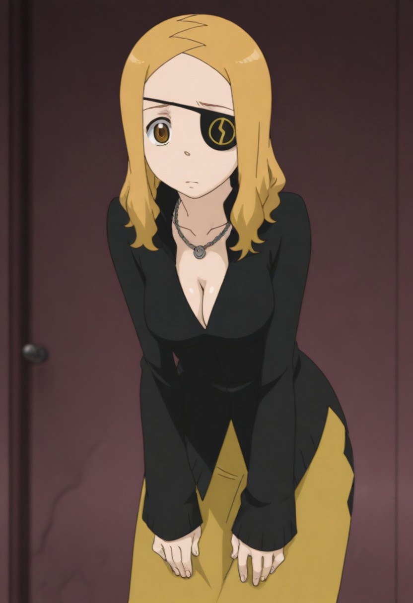 masterpiece, best quality, amazing quality, 1girl, solo,,, shiny skin,,,<lora:Marie_Mjolnir:1>mmjolnir, blonde hair, long hair, brown eyes, right eyepatch,, cleavage, necklace, black dress , gold skirt, long skirt, long sleeves, jewelry,
