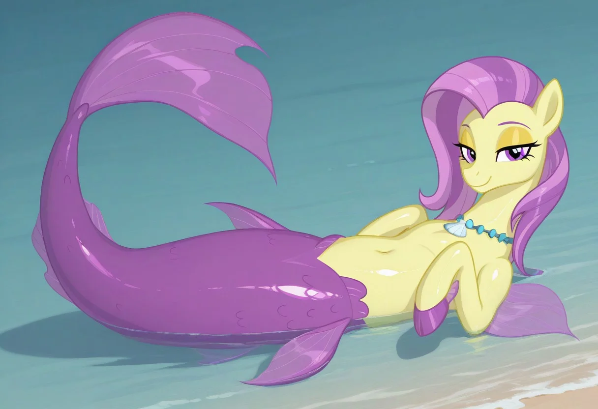 (masterpiece:1.2), (best quality:1.2), (very aesthetic:1.2), (absurdres:1.2), (detailed background), newest, sharp focus, perfect light, dynamic light, natural light, (best quality), my little pony, ocean flow, solo, water, purple eyes, 1girl, shell necklace, jewelry, no humans, purple hair, yellow skin, fins, looking at viewer, lidded eyes, yellow eyeshadow, dutch angle, shiny skin, glossy skin, shiny hair, glossy hair, full body, lying on back, beach, in water, siren, hippocampus, mermaid tail