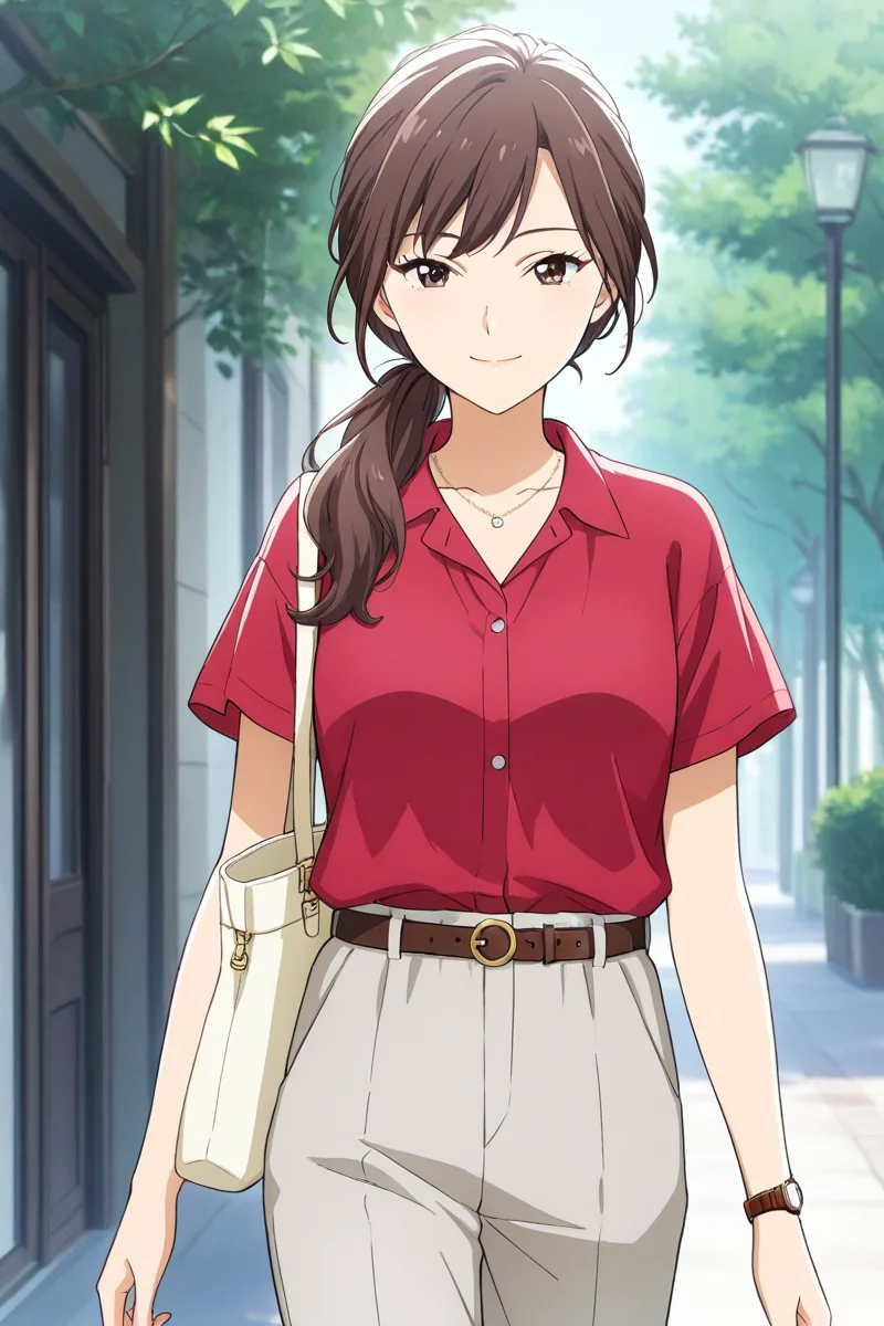 <lora:Add_more_details_pony:0.8> <lora:matsukaze_kanoko_illus_deaimon:1> matsukaze kanoko, 1girl, solo, long hair, looking at viewer, brown hair, shirt, jewelry, standing, cowboy shot, short sleeves, outdoors, day, belt, pants, necklace, bag, tree, red shirt, walking, watch, handbag, shoulder bag, wristwatch, grey pants, outfit 4, side low ponytail, seductive smile, collared shirt,
