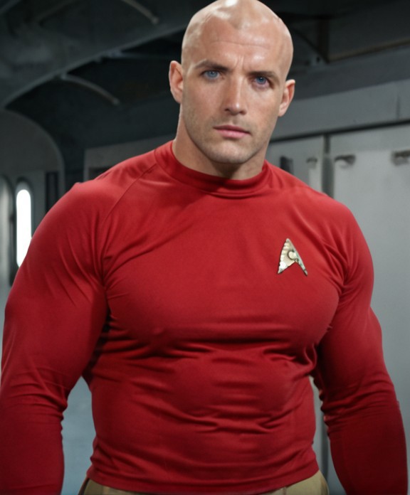 1boy, 20 year old male, Handsome, masculine, blonde, star trek, red shirt, muscle,  tall, tight shirt, wide pectorals, big shoulders, wide shoulders, muscular neck, German, bald, big pale blue eyes, abs, biceps,

stunf, star trek uniform,