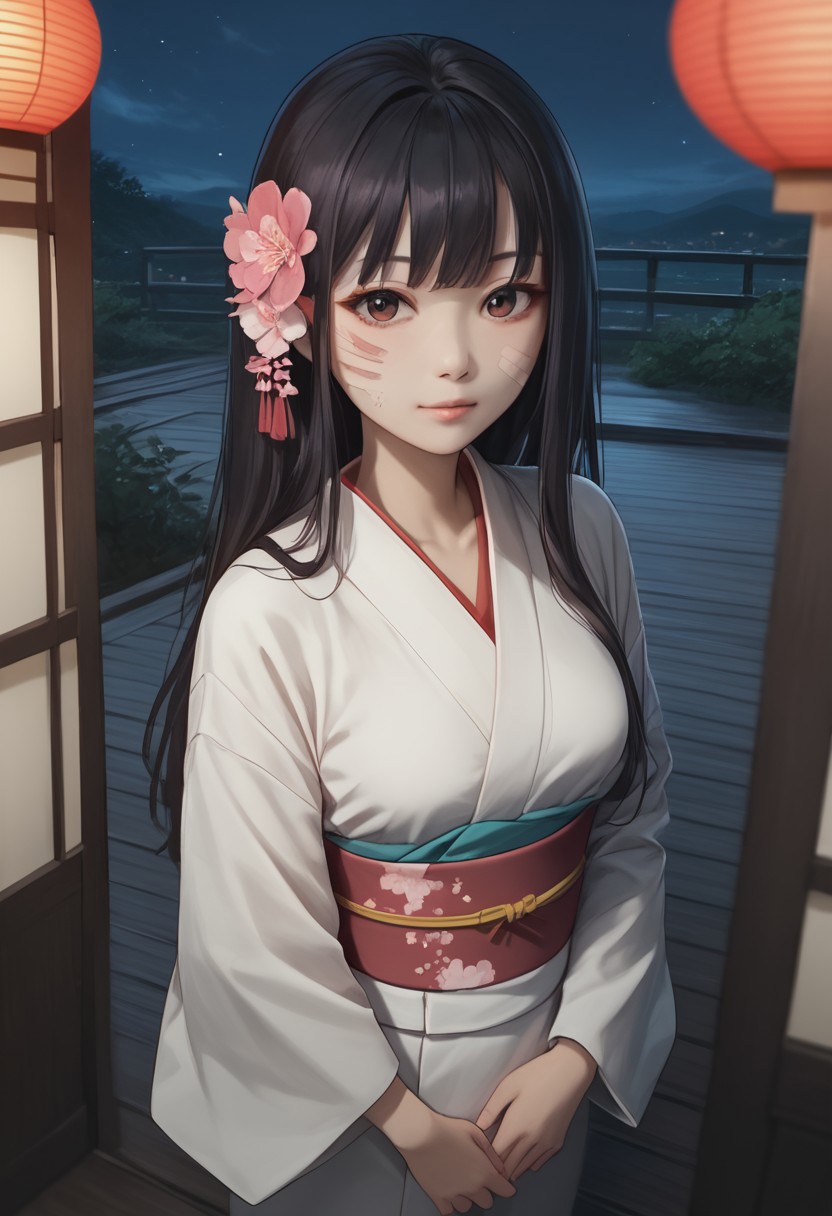 score_9, score_8_up, score_7_up, score_6_up, 1girl, solo, medium breasts, long hair, attractive, symmetrical face, soft structured facial features, (bruises and scratches:0.8), Japanese detailed kimono,sakura flowers kimono, night, alleyway, dark, (egyptian:0.6), (brazilian:0.6), european, (from above:1.2)