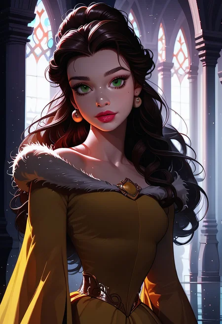score_9, score_8_up, score_7_up, solo,  1girl, 24 y.o, Belle Princess, cinematic, Depth of field, bokeh, best_quality, cinematic, light particles, highly_detailed, very_aesthetic, beautiful_and_aesthetic, top_quality, hyperrealistic, photorealistic, 8K, ultra detail, curves, sexy, body shaper, yellow dress, Ball dress, afterglow expression, bioluminescent details, wearing a feather boa, slender waist, carrying light eyebrow gel with gloss cream lipstick, stylish brown bun hair, long hair, colored eyeliner, green eyes, face focus,