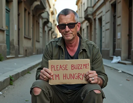 a 50 year old man with short grey hair, green-brown eyes, Wearing a ripped, dirty and smelling oufit, sitting in a dirty abandoned street like a beggar and is holding up a sign:"PLEASE BUZZ ME! I'M HUNGRY." <lora:MySelf:1.0> ((Is wearing dark sunglasses))..