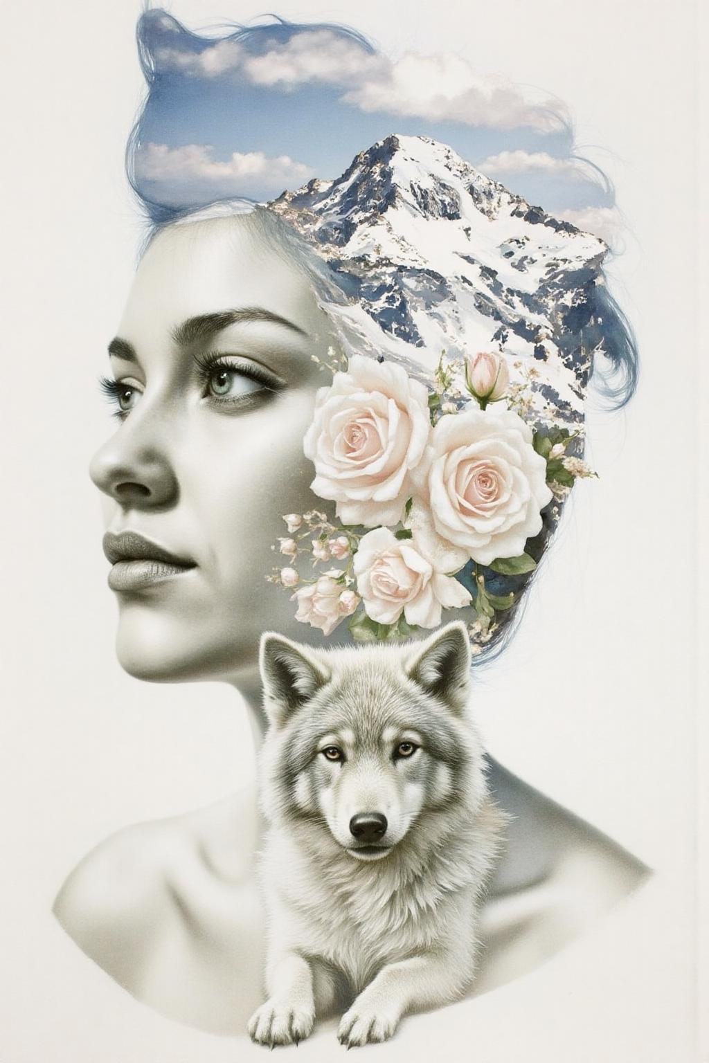 Portrait painting. 
A woman whose hair blends seamlessly with a mountainous landscape featuring snow-capped peaks. Delicate roses and a wolf pup are also integrated into the composition. <lora:doubleexpopainting1_cap_d6a3e13:1.0><lora:850322549710546488:0>