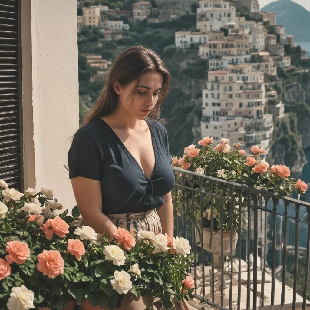 cinematic photo iphone photograph, whole body, very busty woman wearing a low-cut shirt, cowering on a balcony with flowers in Amalfi coast, high detail, natural lighting, skin texture face, low saturation, low contrast, amateur picture, skin detail, detailed skin pores, sharpen face, hard focus, ambient light, intricate detail, analog-style aesthetic, retro, scanlines, video noise, vignette effect, color bleeding, chromatic aberration, low-resolution, retro color palette
