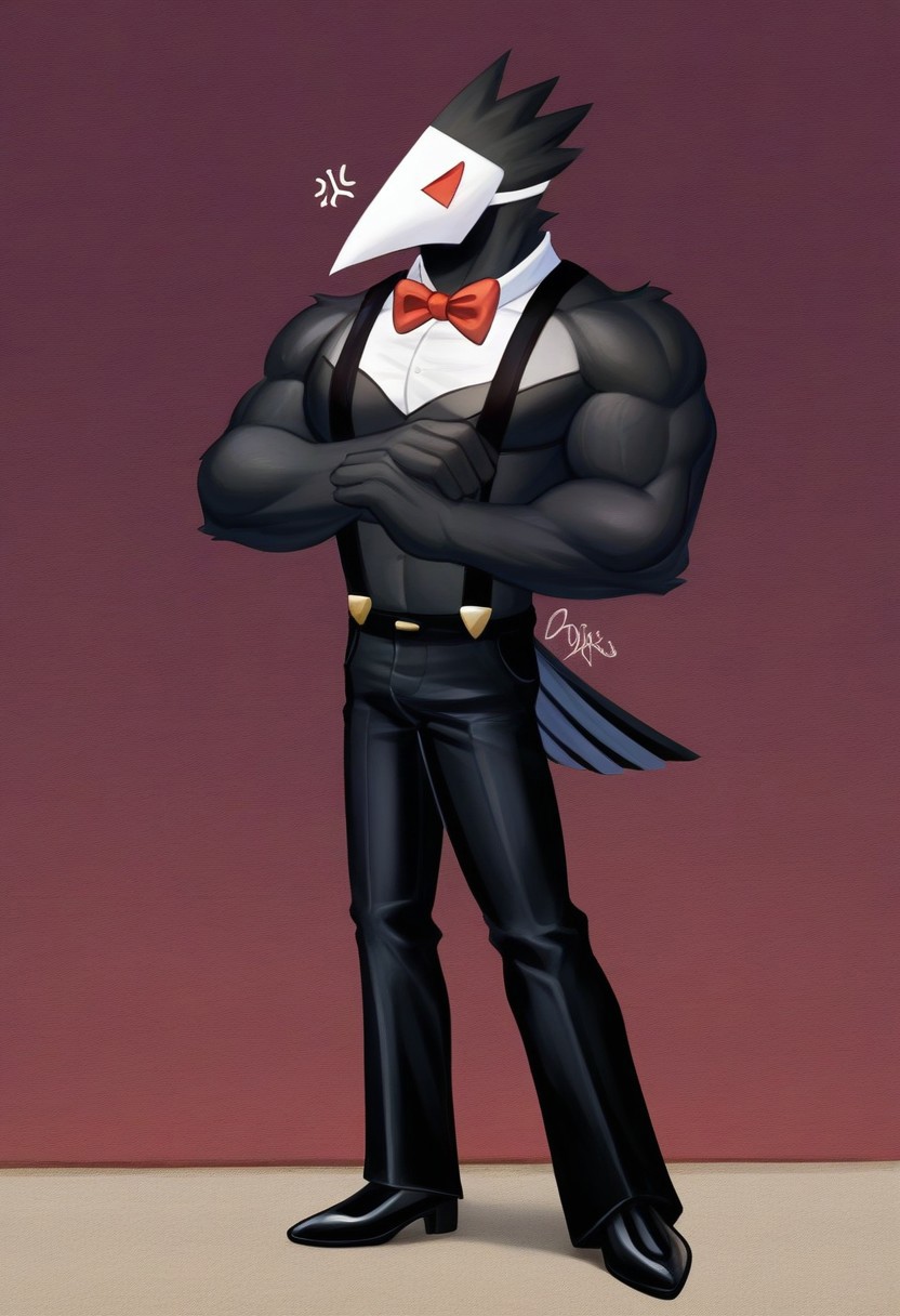 Swatchling(Deltarune), avian, black body, anthro, red eyes, wearing mask, white mask, (Male Anthro bird:1.5)
Solo, alone, by himself, 1boy, male.
clothing, clothed, dressed, shirtless, suspenders, red bowtie, black trousers, long trousers. 
buff body, big body, (muscle:1.47), (big body:1.5), (black body:1.1).
HD, digital painting, digital art, masterpiece.
standing up, standing,  standing on tiled floor.
closed mouth, annoyed emotion.
outside, town, 1920s, wall, {outside:1.4}.
HD, digital painting, digital art, masterpiece ((fullbody portrait)), digital drawing (artwork), digital media (artwork), hi res, (furry art, uploaded on e621:1.1), best quality, highly detailed, intricate details, extremely detailed, perfect hands, negative_hand,  PLNA[Style], Art by PLNA[Style], furry, furry art, cartoon like, bara style, bara, anthro,