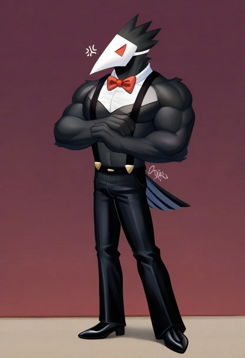 Swatchling(Deltarune), avian, black body, anthro, red eyes, wearing mask, white mask, (Male Anthro bird:1.5)
Solo, alone, by himself, 1boy, male.
clothing, clothed, dressed, shirtless, suspenders, red bowtie, black trousers, long trousers. 
buff body, big body, (muscle:1.47), (big body:1.5), (black body:1.1).
HD, digital painting, digital art, masterpiece.
standing up, standing,  standing on tiled floor.
closed mouth, annoyed emotion.
outside, town, 1920s, wall, {outside:1.4}.
HD, digital painting, digital art, masterpiece ((fullbody portrait)), digital drawing (artwork), digital media (artwork), hi res, (furry art, uploaded on e621:1.1), best quality, highly detailed, intricate details, extremely detailed, perfect hands, negative_hand,  PLNA[Style], Art by PLNA[Style], furry, furry art, cartoon like, bara style, bara, anthro,
