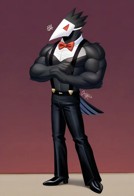 Swatchling(Deltarune), avian, black body, anthro, red eyes, wearing mask, white mask, (Male Anthro bird:1.5)
Solo, alone, by himself, 1boy, male.
clothing, clothed, dressed, shirtless, suspenders, red bowtie, black trousers, long trousers. 
buff body, big body, (muscle:1.47), (big body:1.5), (black body:1.1).
HD, digital painting, digital art, masterpiece.
standing up, standing,  standing on tiled floor.
closed mouth, annoyed emotion.
outside, town, 1920s, wall, {outside:1.4}.
HD, digital painting, digital art, masterpiece ((fullbody portrait)), digital drawing (artwork), digital media (artwork), hi res, (furry art, uploaded on e621:1.1), best quality, highly detailed, intricate details, extremely detailed, perfect hands, negative_hand,  PLNA[Style], Art by PLNA[Style], furry, furry art, cartoon like, bara style, bara, anthro,