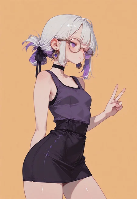 masterpiece, best quality, amazing quality, very aesthetic, absurdres,
1girl, solo, ((from above)),
silver hair, inner color hair, blush, parted bangs,folded ponytail, hair ribbon
,
simple pastel gold background,
shy, blushed, multicolored hair, purple eyes,
large round rimless glasses ,
tank top, tight mini skirt, flat chest,
black choker, ultra detailed eyes,
looking side, upper body shot,
v ,
earrings, jewelry, hair ribbon,
emotionless ,
from side,
(contrapposto:1.2), thick legs, chubby thick legs, thighs tension, realistic clothes texture,
narrow waist, wide hips, detailed eyes,
UGlub, fl4t, UGlub,