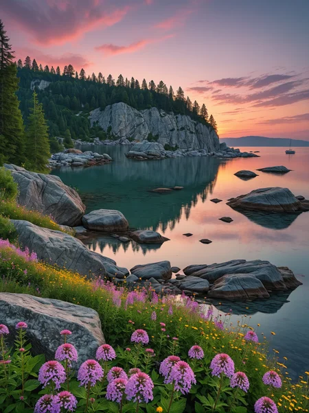 Breathtaking photography. A large, bustling harbor. Twilight with pastel-colored skies. A rocky outcrop with wildflowers in foreground.  Panoramic view of a dense, ancient forest  in background. Award-winning, professional, highly detailed.  <lora:MJ52:0.5> <lora:RMSDXL_Darkness_Cinema:1> (HDR (High Dynamic Range), vibrant colors, high contrast, detailed, UltraHD, 8K, cinematic, 80mm, high detail)