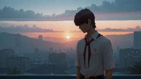golden hour shot of cinematic film still cinematic photo masterpiece, best quality,
<lora:sembl:1> psembl, 1boy, solo, male focus, brown hair, shirt, white shirt, faceless, necktie, short sleeves, hair over eyes, belt, shaded face, closed mouth <lora:dark_v1.9-pony:1>city, night city, <lora:NOOB_vp1_detailer_by_volnovik_v1:1> <lora:ebenya:1>ebenya, building, denim, outdoors, sunset, city, sky, evening, standing,
nighttime rooftop, a lone figure standing near the edge, dramatic city skyline illuminated by neon lights and distant skyscrapers, a stormy sky with swirling clouds and faint lightning, strong winds blowing hair and clothes, a sense of tension and emotional weight, cinematic composition with high contrast lighting, a mix of urban grit and raw emotion, a moment of decision or introspection, a powerful and atmospheric vibe . 35mm photograph, film, bokeh, professional, 4k, highly detailed . shallow depth of field, vignette, highly detailed, high budget Hollywood movie, bokeh, cinemascope, moody, epic, gorgeous, film grain, grainy. Warm light, sunset/sunrise, magical, serene