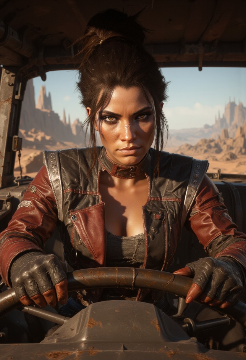 A young woman with long, dark brown hair tied in a high ponytail is shown from the torso up, gripping the steering wheel of a rugged vehicle in front of her. She is wearing a worn, red leather jacket with reinforced shoulders, detailed with intricate stitching and patches, reflecting her nomadic lifestyle. Beneath the jacket, a dark grey tank top clings to her form, contrasting with the dusty environment. Her hands, rough from working with machines, grip the wheel with confidence, one adorned with fingerless gloves. Her expression is focused, with a determined, almost defiant gaze, as if ready to face any challenge. The jacket's sleeves are rolled up, revealing her forearms, which are marked with faint dirt and grease stains, adding to her tough, road-hardened appearance. The background is a desolate desert landscape, sunburnt and vast, with the light casting a golden hue over her, enhancing the rugged, rebellious atmosphere. The perspective is a close-up shot, emphasizing her upper body, the jacket’s texture, and her intense gaze, blending the harshness of the road with Panam’s unyielding spirit, <lora:dark_fantasy_flux:0.83> <lora:FredFraiStyle-FLUX-Share:0.63> <lora:sxz-Dark-Fantasy-v2-Flux:0.33> drkfnts style,