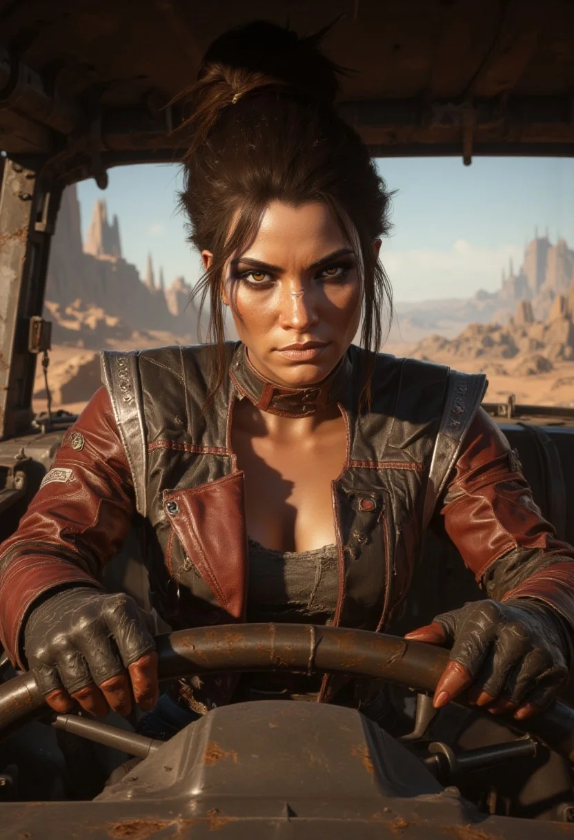 A young woman with long, dark brown hair tied in a high ponytail is shown from the torso up, gripping the steering wheel of a rugged vehicle in front of her. She is wearing a worn, red leather jacket with reinforced shoulders, detailed with intricate stitching and patches, reflecting her nomadic lifestyle. Beneath the jacket, a dark grey tank top clings to her form, contrasting with the dusty environment. Her hands, rough from working with machines, grip the wheel with confidence, one adorned with fingerless gloves. Her expression is focused, with a determined, almost defiant gaze, as if ready to face any challenge. The jacket's sleeves are rolled up, revealing her forearms, which are marked with faint dirt and grease stains, adding to her tough, road-hardened appearance. The background is a desolate desert landscape, sunburnt and vast, with the light casting a golden hue over her, enhancing the rugged, rebellious atmosphere. The perspective is a close-up shot, emphasizing her upper body, the jacket’s texture, and her intense gaze, blending the harshness of the road with Panam’s unyielding spirit, <lora:dark_fantasy_flux:0.83> <lora:FredFraiStyle-FLUX-Share:0.63> <lora:sxz-Dark-Fantasy-v2-Flux:0.33> drkfnts style,