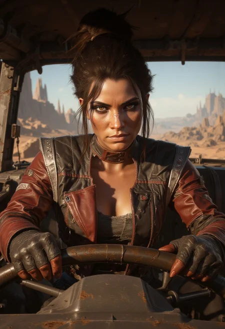 A young woman with long, dark brown hair tied in a high ponytail is shown from the torso up, gripping the steering wheel of a rugged vehicle in front of her. She is wearing a worn, red leather jacket with reinforced shoulders, detailed with intricate stitching and patches, reflecting her nomadic lifestyle. Beneath the jacket, a dark grey tank top clings to her form, contrasting with the dusty environment. Her hands, rough from working with machines, grip the wheel with confidence, one adorned with fingerless gloves. Her expression is focused, with a determined, almost defiant gaze, as if ready to face any challenge. The jacket's sleeves are rolled up, revealing her forearms, which are marked with faint dirt and grease stains, adding to her tough, road-hardened appearance. The background is a desolate desert landscape, sunburnt and vast, with the light casting a golden hue over her, enhancing the rugged, rebellious atmosphere. The perspective is a close-up shot, emphasizing her upper body, the jacket’s texture, and her intense gaze, blending the harshness of the road with Panam’s unyielding spirit, <lora:dark_fantasy_flux:0.83> <lora:FredFraiStyle-FLUX-Share:0.63> <lora:sxz-Dark-Fantasy-v2-Flux:0.33> drkfnts style,
