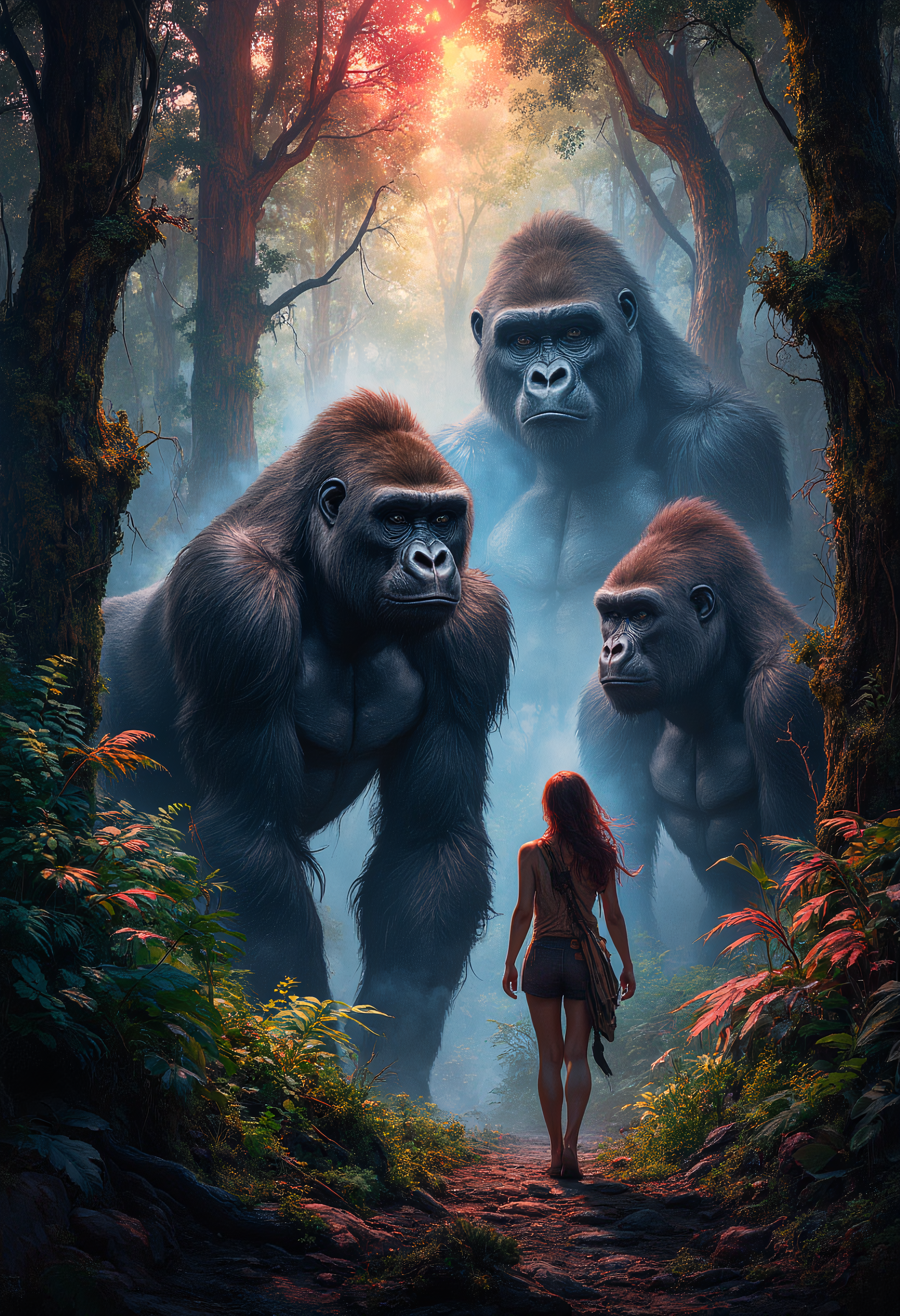 A woman scientist walks into a group of Gorilla family in a dense jungles of Congo, vibrant glow