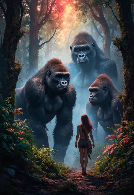 A woman scientist walks into a group of Gorilla family in a dense jungles of Congo, vibrant glow
