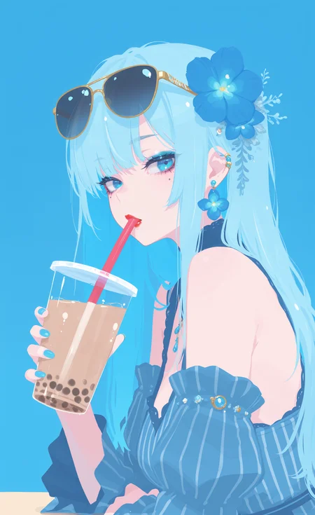 masterpiece,best quality,amazing quality, 1girl, solo, long hair, looking at viewer, blue eyes, hair ornament, dress, holding, jewelry, blue hair, upper body, flower, earrings, food, detached sleeves, hair flower, striped clothes, nail polish, mole, from side, blue sky, cup, looking to the side, mole under eye, makeup, blue dress, fruit, blue background, sunglasses, holding cup, eyewear on head, blue nails, blue flower, vertical-striped clothes, drinking straw, blue theme, drink, red lips, striped dress, vertical-striped dress, holding drink, bubble tea, drinking straw in mouth, h4ra_illu <lora:ponyv6_noobE11_2_adamW-000017:0.3> <lora:XXX667:0.5> <lora:hara_id_21:0.8>