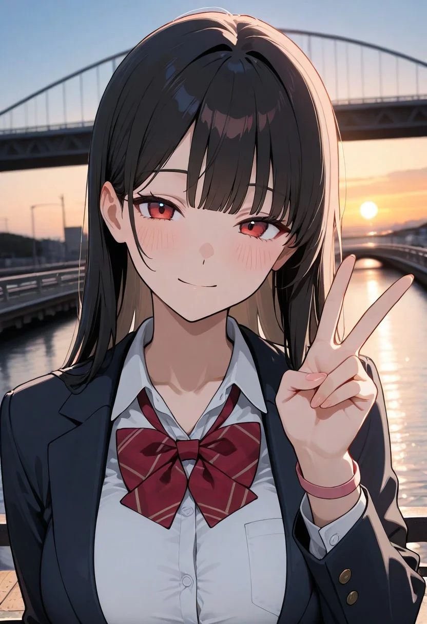 masterpiece,best quality,amazing quality,newest,absurdres,highres, newest,very awa, scenery, anime,flat color,
from front, portrait,dutch angle,
1girl, beautiful face, perfect eyes, detailed eyes,mature female,
black hair,long hair, straight hair,blunt bangs,light smile, , looking at viewer, blush,
red eyes,
large breasts,collarbone,
seifuku,collared shirt, plaid red bowtie, open blazer, small pink wristlet,
v,hand up, urban,on bridge, bridge,
depth of field, sunset,volumetric light,blurry background,backlighting,photo background,