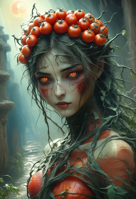 single portrait of the (degradation) of the ((((tomato evolution)))), (by Henry asencio), (by Josephine Wall), (Oil painting) (by Jean-Francois Millet), (by Gustave Courbet) , (by Jules Breton), close up, dark sci-fi, <lora:add-detail-xl:3>, creepy and cursed:1.2), absolutely cursed photo, nope nope nope nope, what the actual f, (unsettling photo:1.2), cursed_thing, cursedimages, no context, cursed image, bad photo, weird photo, very strange, color photo, creepy photo, (nightmare fuel)