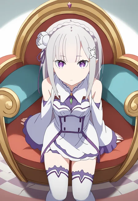 score_9, score_8_up, score_7_up, source_anime,
BREAK
1girl, solo,
<lora:shiEmiliaV2:1> shimilia, long hair, grey hair, purple eyes, pointy ears, crown braid, hair flower, hair ribbon, purple ribbon, x hair ornament, white dress, cleavage, bare shoulders, wide sleeves, white thighhighs, thigh boots,
<lora:shiFisheyeV1:1.0>, shifisheyedoor, fishdoorpov, fisheye,
looking at viewer, expressionless,