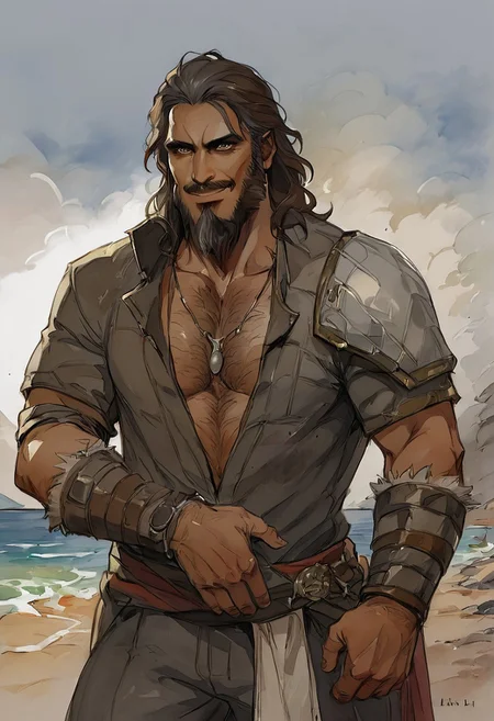 score_9, score_8_up, 1boy, IfanBM, mature male, tan skin, facial hair, muscular, ((beard)), (brown hair, grey streaks), ((fantasy style clothing)), (beach paradise), watercolor \(medium\), traditional media, hairy chest, very hairy, (looking at viewer flustered), dutch angle, Expressiveh, smirk, lips slightly apart, sexy posing, ((fantasy clothing)), jewelry, manly, necklace, bracelet, dynamic pose,